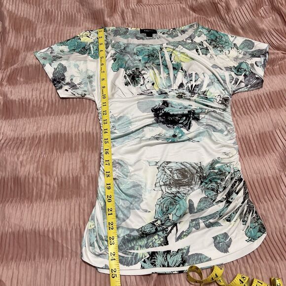 IZ Byer Top Womens Small White Blue Green Floral Ruched Sides Stretch Y2k - Picture 4 of 8